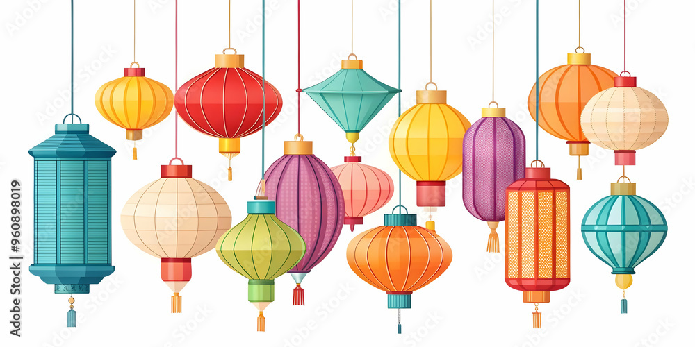 Poster flat lantern display in glowing abstract for mid autumn celebration - vibrant colors and dynamic lig