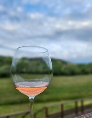 Glass of pink wine. Blurry natural green landscape and cloudy sky in background.