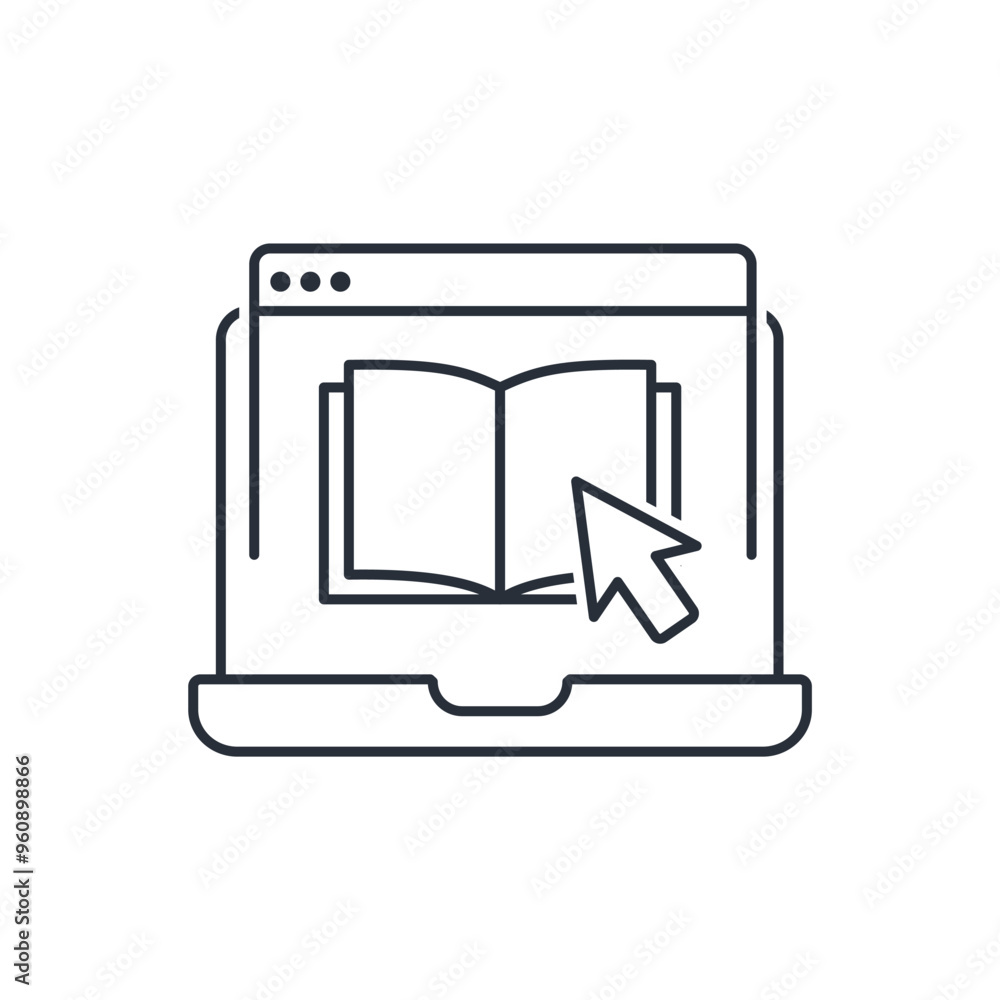 Poster electronic book on laptop reading from e-library. educational information site application. vector l