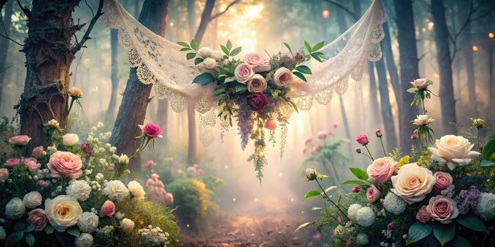 Ethereal Dreamy Foggy Morning Light Enchanted Forest Whimsical Floral Accents Lace Invitations Muted Pastel Hued Soft Focus Warm Film Tones