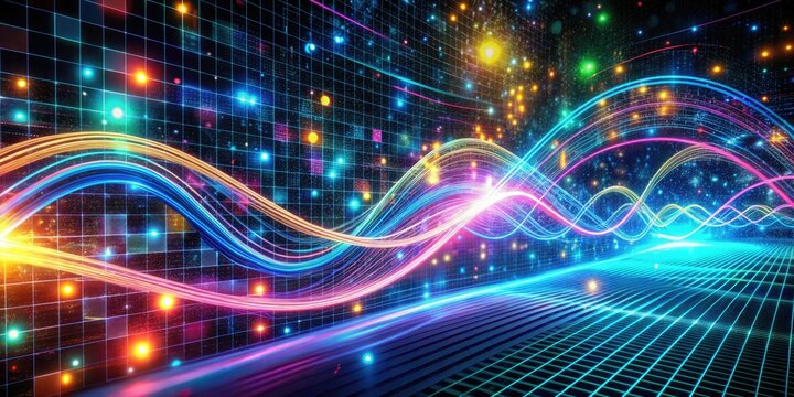 abstract neon lights and code streams swirling together in a dark background with a subtle grid pattern and glow effects