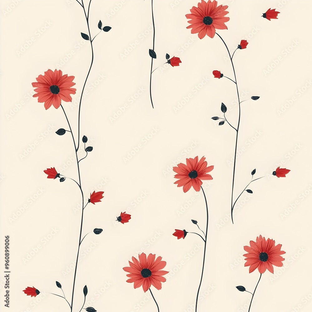 Poster elegant minimalist wallpaper design featuring a repetitive pattern of tiny widely spaced red dahlias