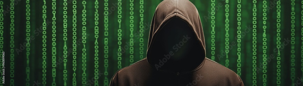 Poster mysterious figure in a hoodie silhouetted against a digital green code background, evoking themes of