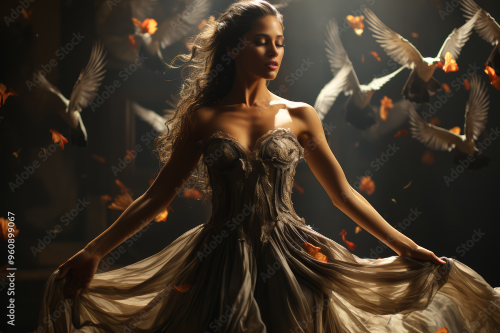 Poster a ballerina with raven locks rehearsing in a sunlit studio, her movements precise and fluid. concept