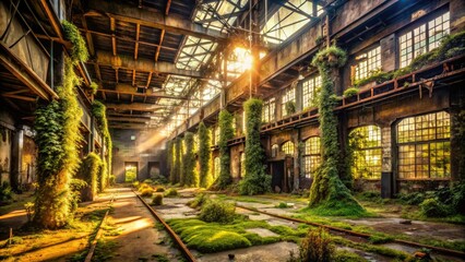 Fototapeta premium abandoned factory interior overgrown with vines and moss showcasing the decay of industrial grandeur in warm golden light