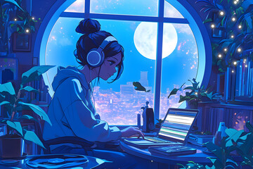 Girl listening to music on vinyl records with fairy lights and starry night sky outside the window. Anime style, Cozy vibes