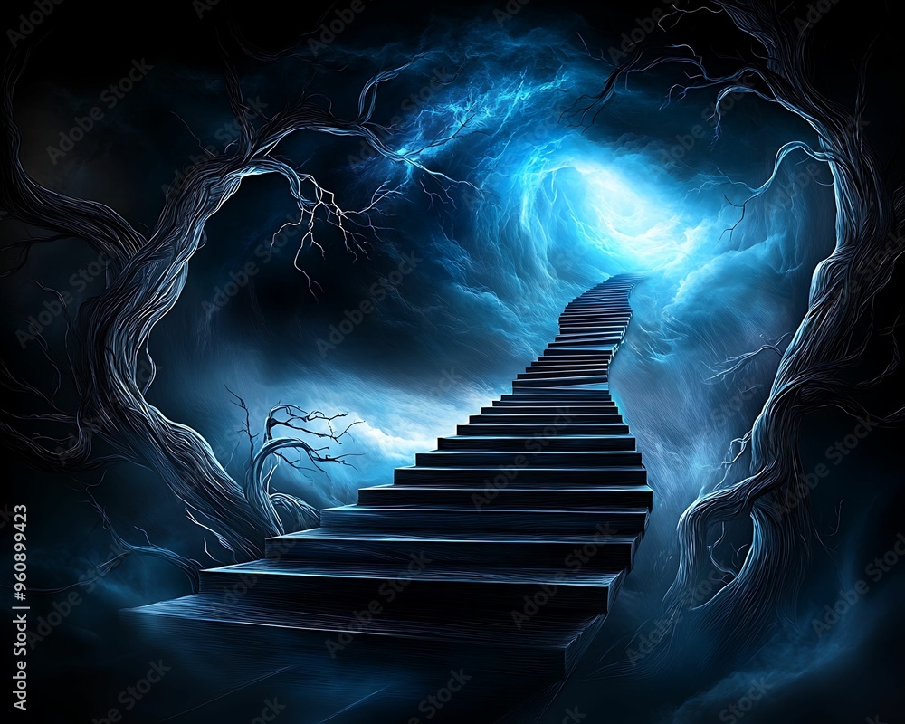 Poster enigmatic dreamscape: surreal fantasy world in sharp resolution with ethereal light on dark backgrou