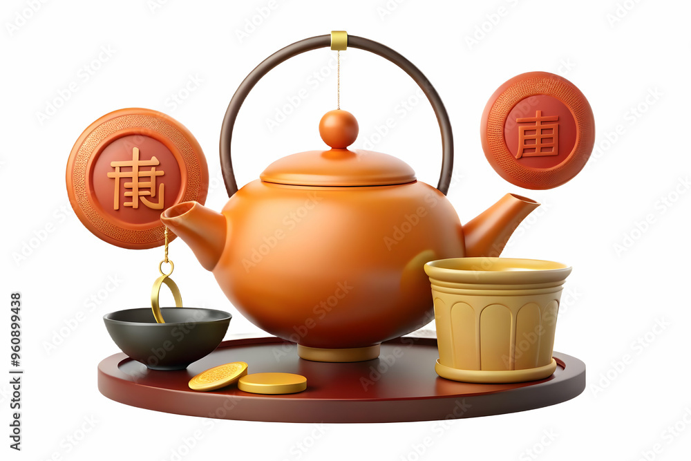 Poster flat levitating teapot and cup with mid autumn festival text - magical floating effect in simple bus