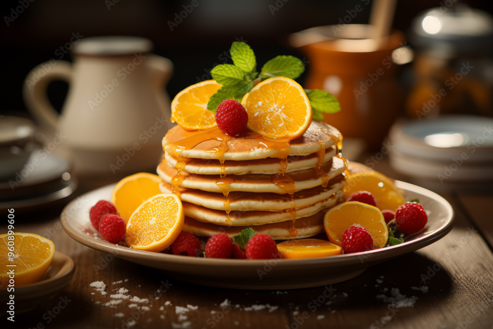 Poster a cheerful breakfast scene with a stack of mini pancakes adorned with a smiley face made of fruit. c