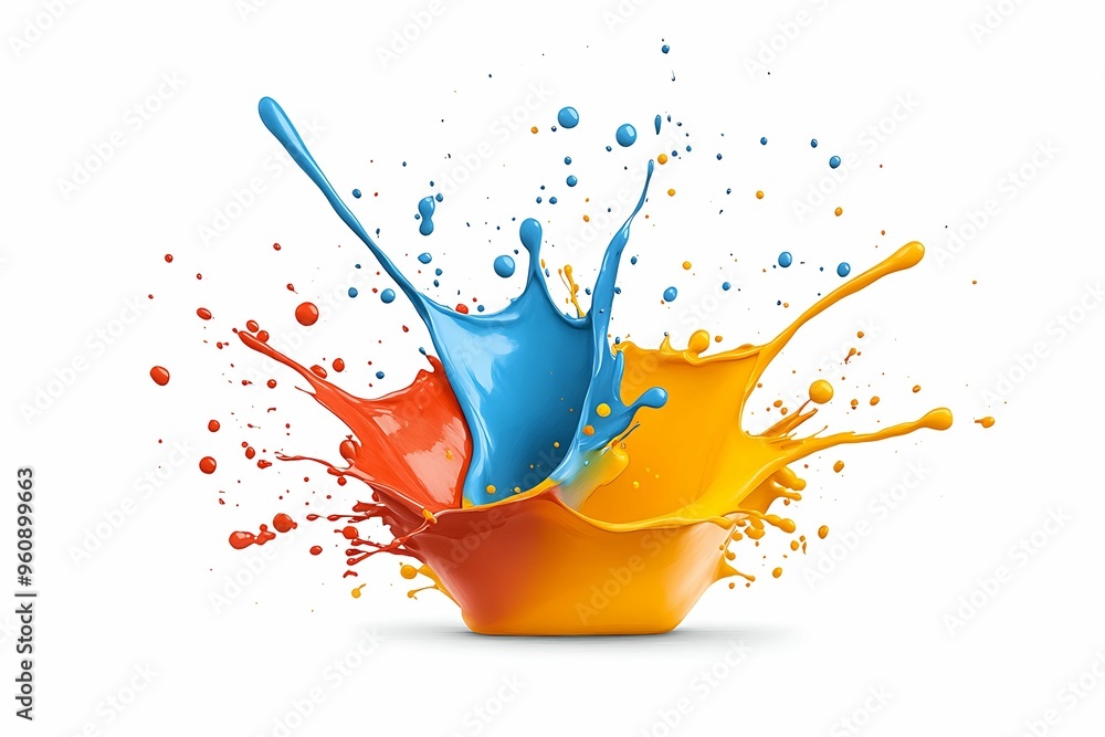 Poster vivid colorful splattering paint in surreal abstract form on white background, close-up color pencil