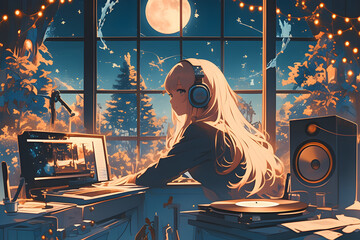 Girl listening to music on vinyl records with fairy lights and starry night sky outside the window. Anime style, Cozy vibes