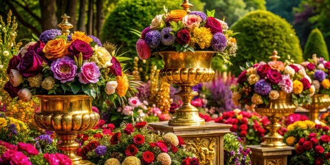 luxurious floral flowerbed arrangements with ornate gold vectors in rich jewel-toned hues conveying opulence and sophistication