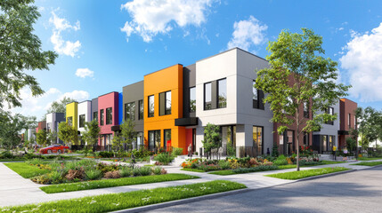 Modern colorful row houses in a residential neighborhood with landscaped gardens and a clear blue sky
