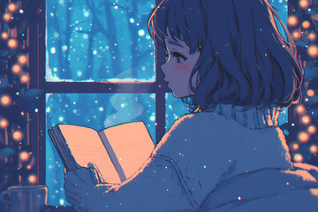 Serene Girl reading a book under a cozy blanket with a cup of tea on a rainy day, surrounded by fairy lights. Anime style, Cozy vibes