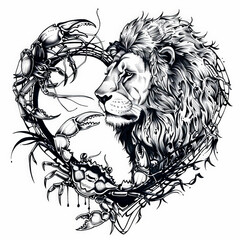 Obraz premium lion, crab, heart, vector, animal, head, lion, tattoo, cat, face, illustration, wild, art, logo, design, black, tribal, mammal, silhouette, predator, feline, symbol, power, drawing, mascot, wildlife, 