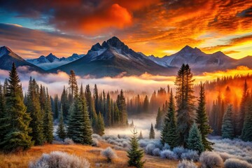 Obraz premium misty dawn wilderness vast sprawling mountains rugged peaks fiery orange sunrise shimmering frosty forest misty veil eerie silence adventure