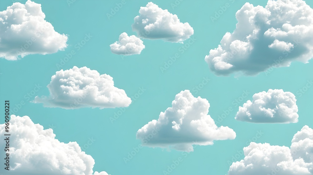 Poster elegant and serene digital wallpaper pattern featuring soft fluffy clouds drifting across a calming 