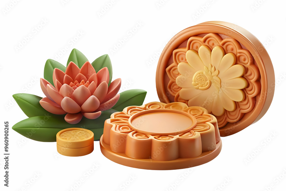 Poster flat mooncake and lotus border frame with copy space - mid autumn blessings in smart business tone: 