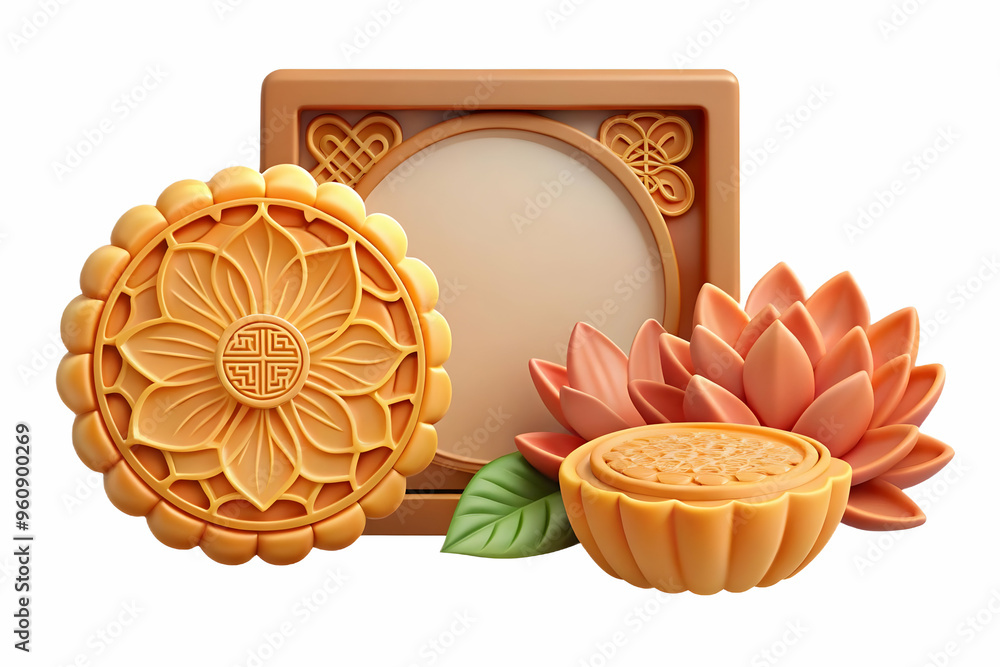 Poster mid autumn blessings: flat mooncake and lotus border frame with copy space - simple flat vector illu