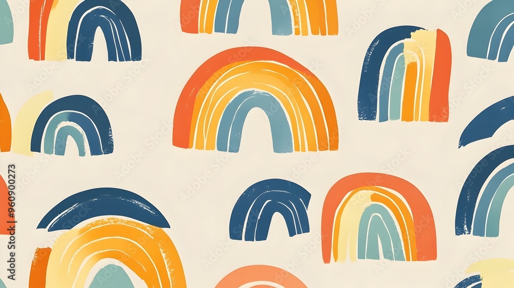 Poster visually striking digital featuring a seamless wallpaper pattern with vibrant rainbow arches across 
