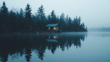 Obraz premium Cabin on Lake with Fog and Reflections