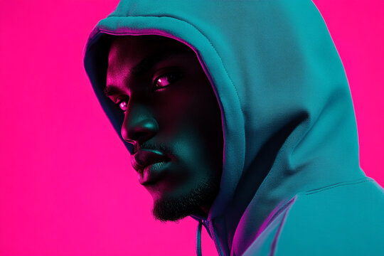 Stylish Men in Neon Teal Hoodie with Solid Neon Pink Background Modern Lifestyle Portrait