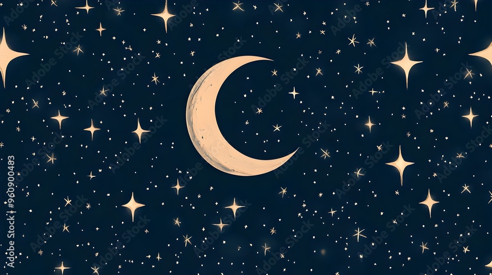 Poster captivating crescent moon with sparkling stars set against a deep navy background creating a serene 