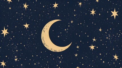 Elegant crescent moon and stars wallpaper pattern with a minimalist geometric design on a deep navy blue background  This isolated abstract graphic texture creates a serene celestial atmosphere