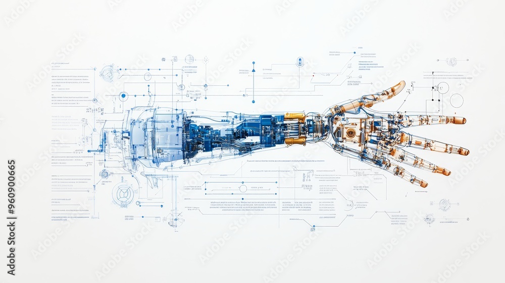 Poster detailed blueprint of an advanced robotic arm with components and circuits