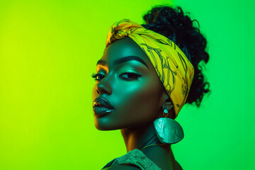 Trendsetting Woman in Neon Yellow Bandana with Solid Neon Green Background Fashion Portrait
