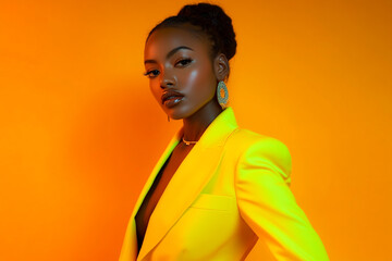 Obraz premium Fashionable Woman in Electric Yellow Suit with Solid Neon Orange Background Bold Lifestyle Portrait