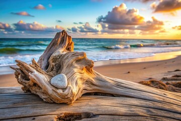 Weathered anti-crack icon on driftwood, muted beachy tones, soft natural light, and subtle texture, capturing serenity and coastal tranquility.