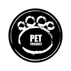 Pet friendly icon. Paw print emblem. Black and white design. Bold vector art.