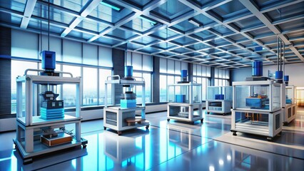 Innovative research facility with 3D printing machines and futuristic graphics