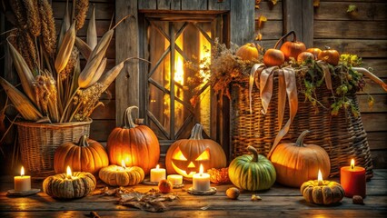 Obraz premium Flickering candlelit jack-o-lanterns on a rustic wooden porch surrounded by dried corn husks and vines with warm orange and yellow hues in a cozy autumn evening