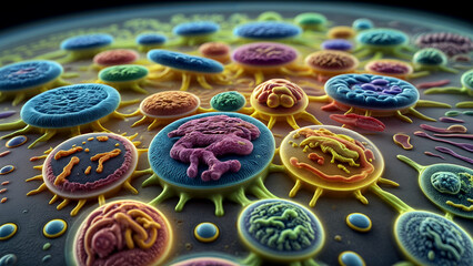 A vibrant collection of variously shaped and colored microscopic organisms, suggesting diversity in a microscopic ecosystem, with a focus on detail and texture that conveys sense of scientific details