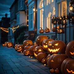 Obraz premium Calle decorada para la noche de brujas o halloween. Lleno de calabazas y luces confortables.