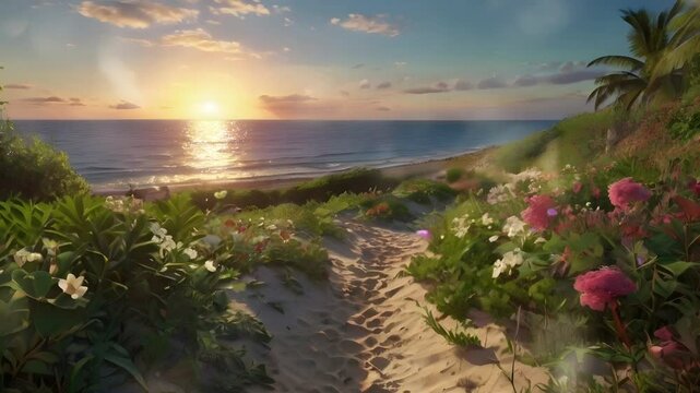 A path along the beach with many colorful flowers at sunrise and sunset. Seamless 4K looping timelapse video animation background