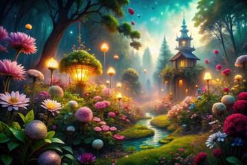 Obraz premium whimsical fantasy dreamworld vibrant colors glowing luminescent flowers lush greenery ethereal misty atmosphere magic mystery wonder imagination