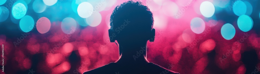 Poster silhouette of a person against vibrant bokeh lights at an event, creating a captivating atmosphere o