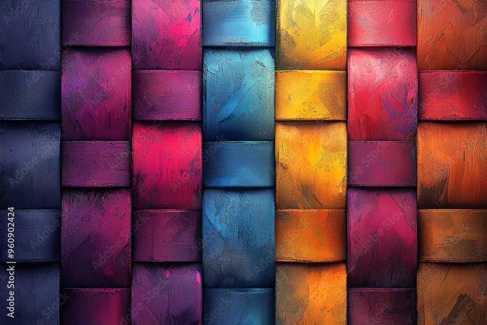 Poster a vivid, geometric pattern of interlocking colors creating a dynamic, eye-catching visual effect. co