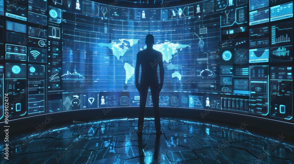 Poster man in silhouette standing in front of a large interactive display