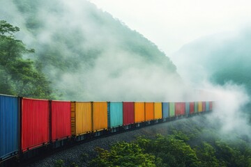 Fototapeta premium Freight train with colorful containers winding through misty valley