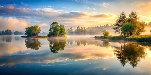 Obraz premium Atmospheric Water Surrealism dreamy tranquil foggy morning ethereal misty landscape silky smooth water mirrors reflections serene peaceful melancholic nostalgia