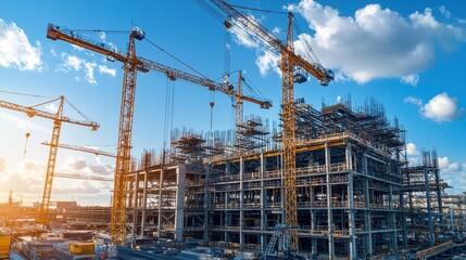 Construction Site with Cranes and Building Under Construction