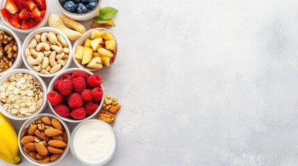Healthy Breakfast Ingredients in Bowls on Gray Background