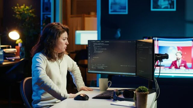 Programmer doing software quality assurance, stretching arms behind back after reading source code, feeling fatigued. IT expert takes break from work to relax muscles after inspecting coding, camera A