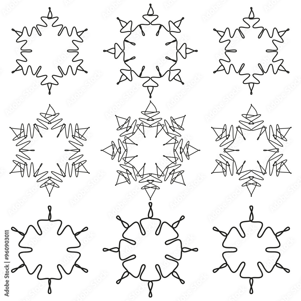 Poster snowflake icons set. abstract line art. black and white vector symbols. geometric winter patterns.