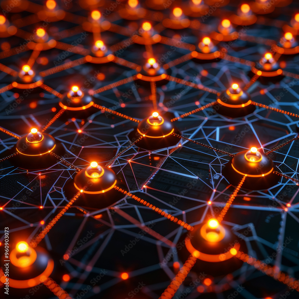 Poster an intricate network of glowing nodes appears on a dark background, showcasing a vibrant display of 
