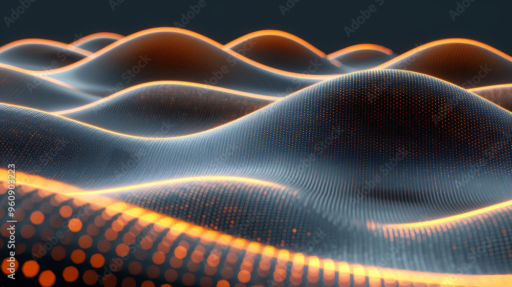 Poster A mesmerizing digital landscape features glowing, flowing waves with an illuminated surface. The design evokes movement and depth, creating an engaging visual experience in a dark setting.